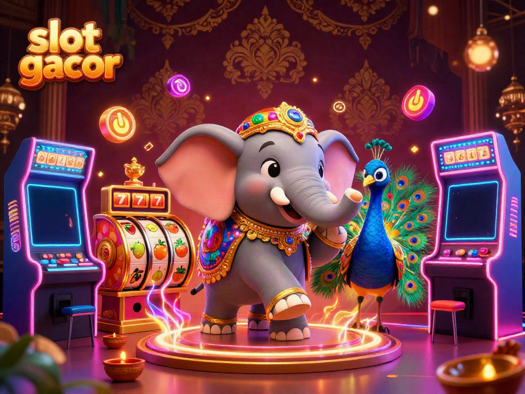 Slot gacor menghadirkan suasana kasino dengan gajah dan merak 3D dikelilingi mesin slot dan elemen permainan yang cerah.