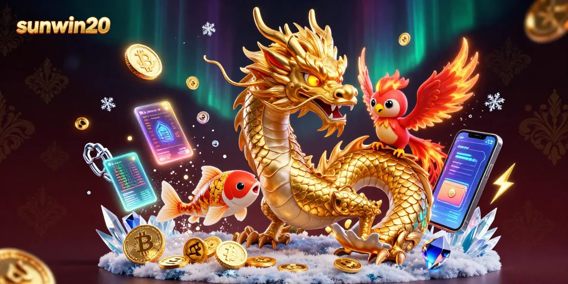 Experience the excitement at sunwin20 with a dragon, phoenix, and koi fish in a vibrant casino scene.