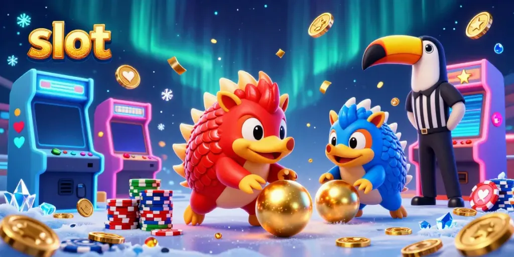 Slot yang berwarna-warni dengan pangolin berlawan dan mesin permainan, penuh koin emas dan keseruan.