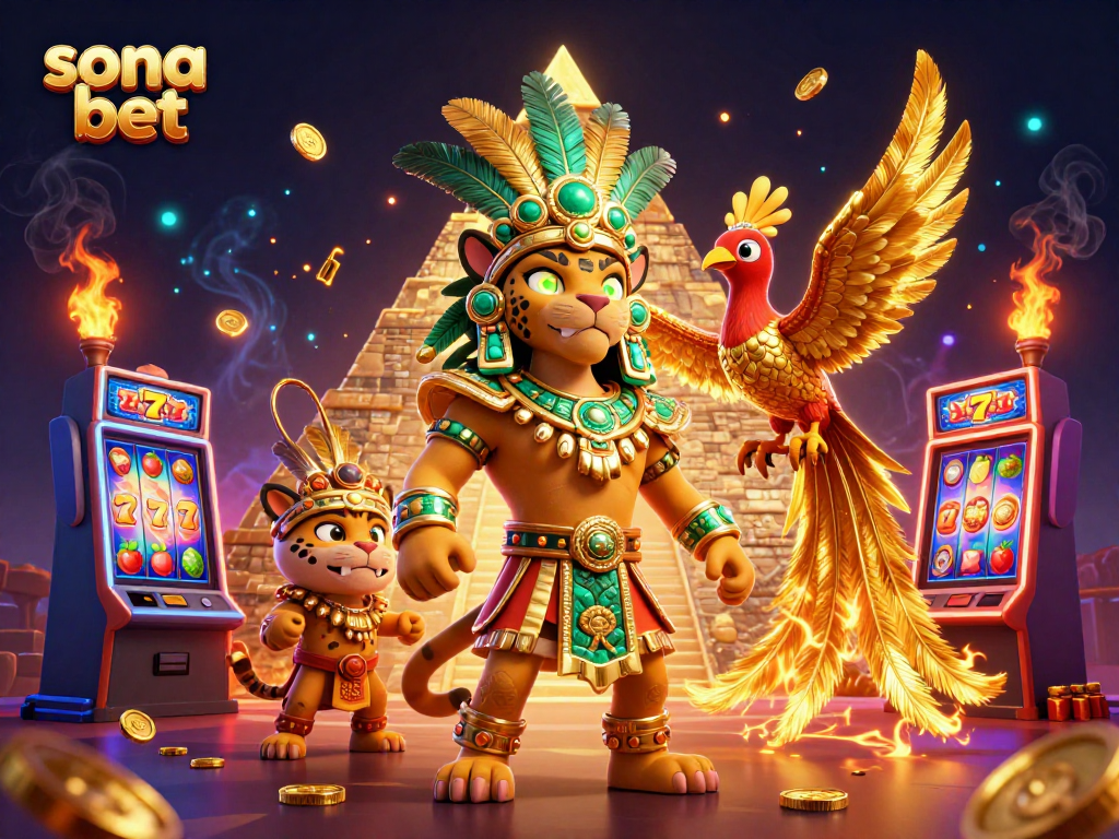 Engage with sona bet's thrilling slot games featuring a Mayan priest and vibrant casino elements.