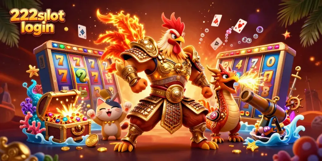 Login ke 222slot dengan suasana bermain yang menyenangkan, didampingi karakter bertema slot.