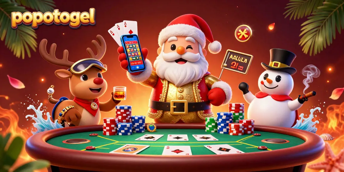 Experience popotogel excitement with Santa and friends at a vibrant casino scene.