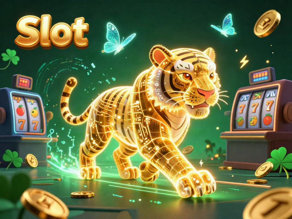 Slot memikat dengan macan emas bercahaya beraksi di dunia kasino digital penuh simbol keberuntungan.