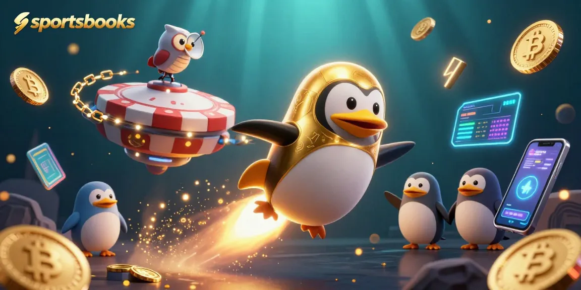 Experience sportsbooks thrill with a vibrant penguin and crypto elements in space.