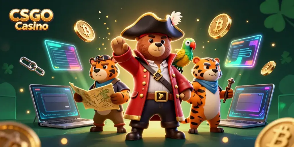 Play and win at CSGO Casino with 3D illustrations of a pirate bear, tiger, and vibrant crypto elements.
