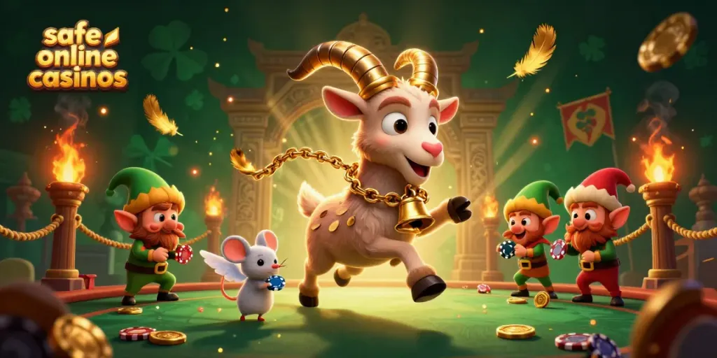 Experience safe online casinos in action as the Krampus goat and friends manage a chaotic holiday-themed casino scene.