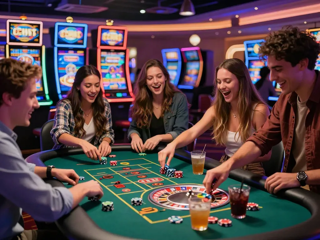 Friends celebrating at a casino table while playing Lucky777 games.