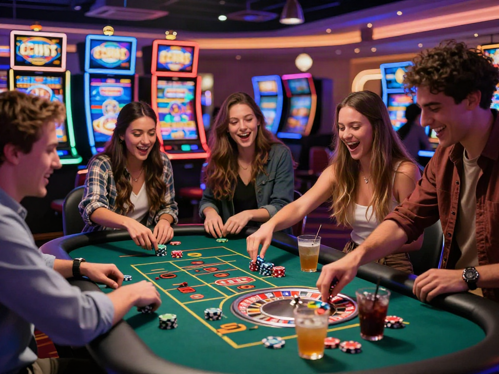 Friends celebrating at a casino table while playing Lucky777 games.