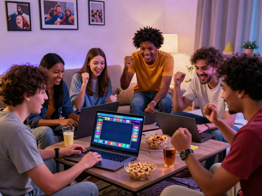 Friends enjoying unsurtoto games together in a cozy living room atmosphere.