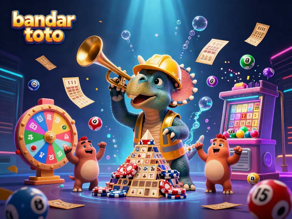 Bandar toto dengan kartun dinosaurus merayakan kemenangan dalam permainan lotere, penuh warna dan semangat.