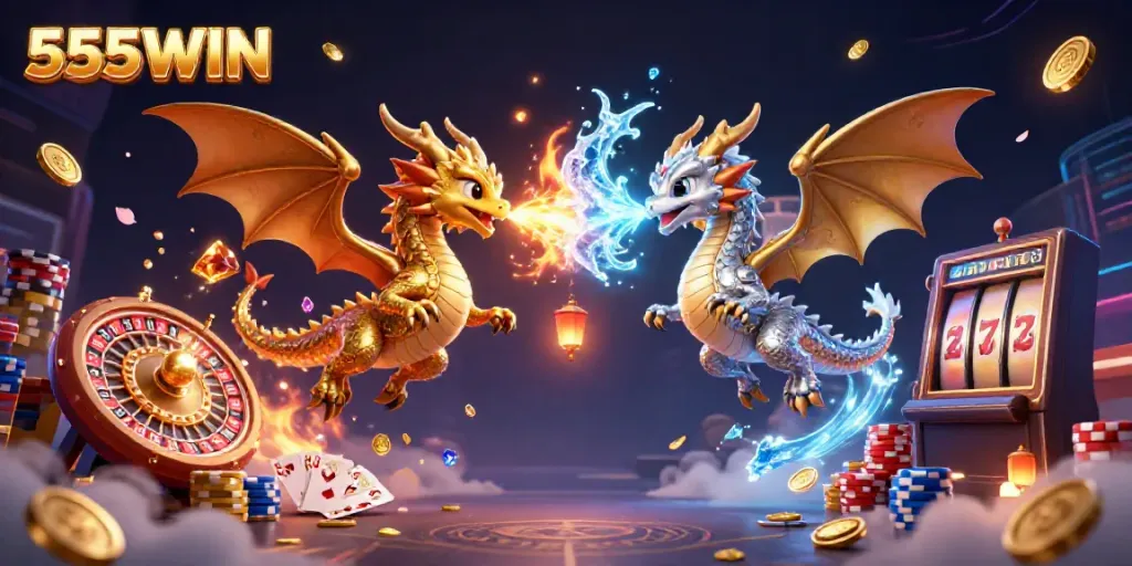 Experience thrilling gameplay with 555WIN as dragons entwine in a vibrant casino world, filled with golden rewards.