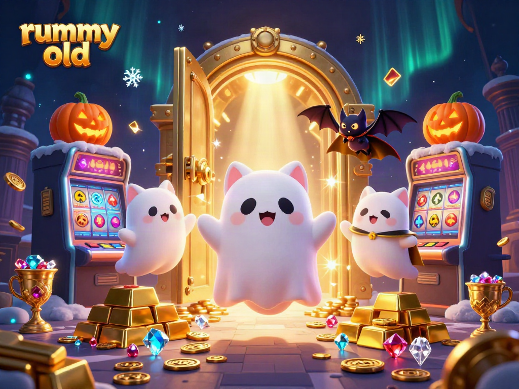 Engaging scene featuring a friendly ghost cat and a vampire bat in a haunted casino reflecting the rummy old brand.