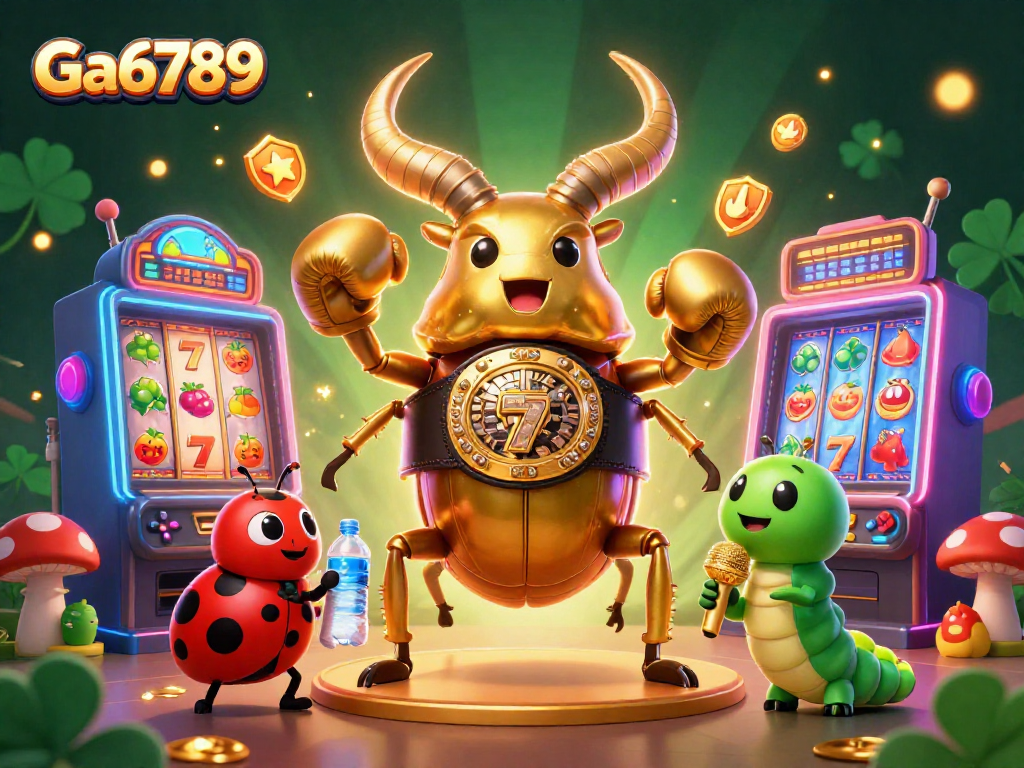 Engage with Ga6789's dynamic casino gaming scene featuring a boxing beetle champion and vibrant slot machines.