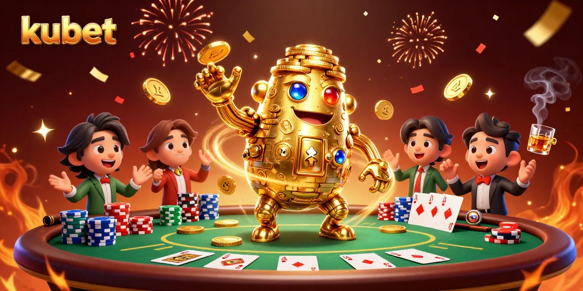 Engage in thrilling gameplay at kubet with a golden golem and poker elements in a vibrant casino scene.