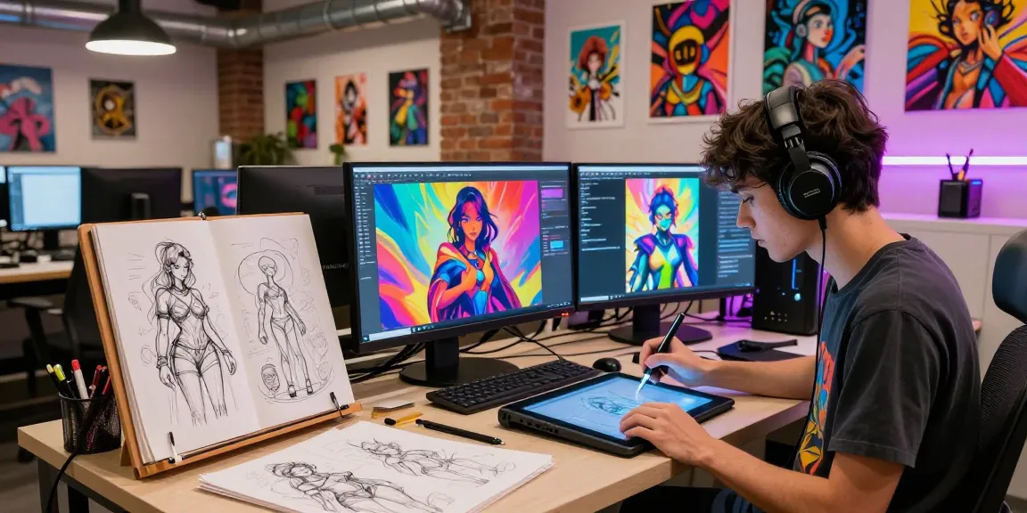 Creative artist designing NSFW AI characters in a vibrant digital art studio
