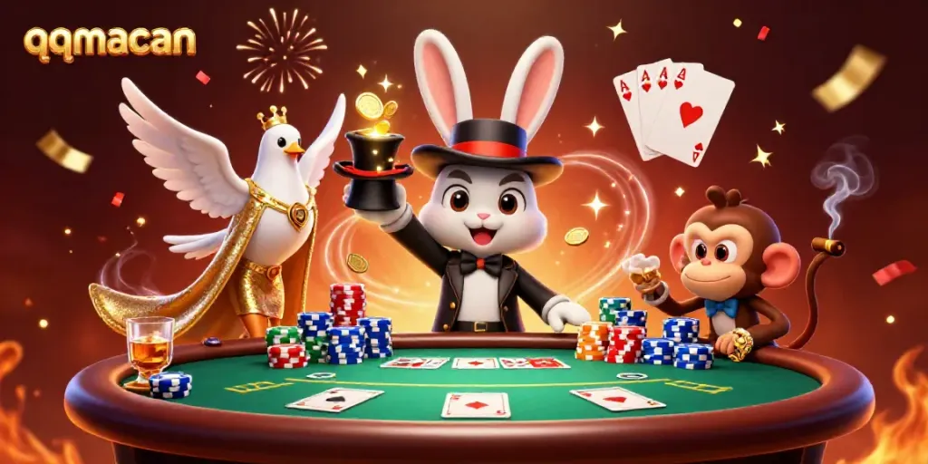 Experience the magic with qqmacan as a magician rabbit conjures coins amidst vibrant casino action.