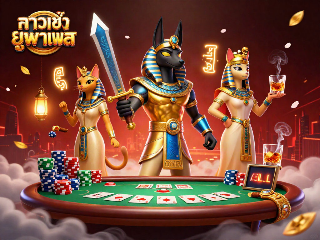 Engage with ทางเข้า ยูฟ่าเบท at our vibrant poker table surrounded by mystical Egyptian elements and 3D characters.