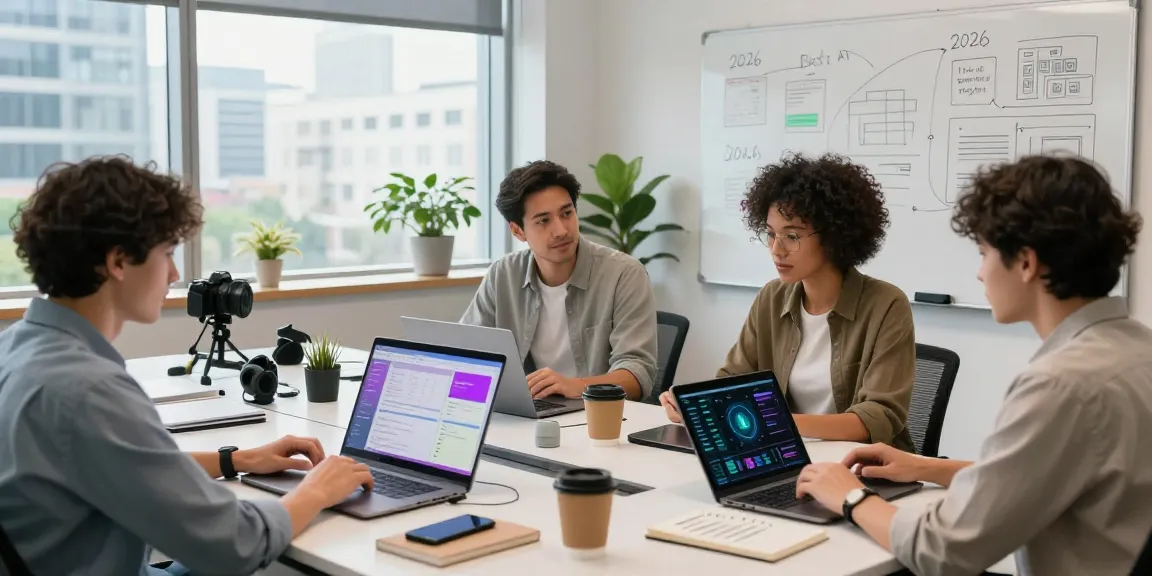 Diverse team exploring the best AI tools in a modern tech workspace, showcasing vibrant displays and collaborative energy.