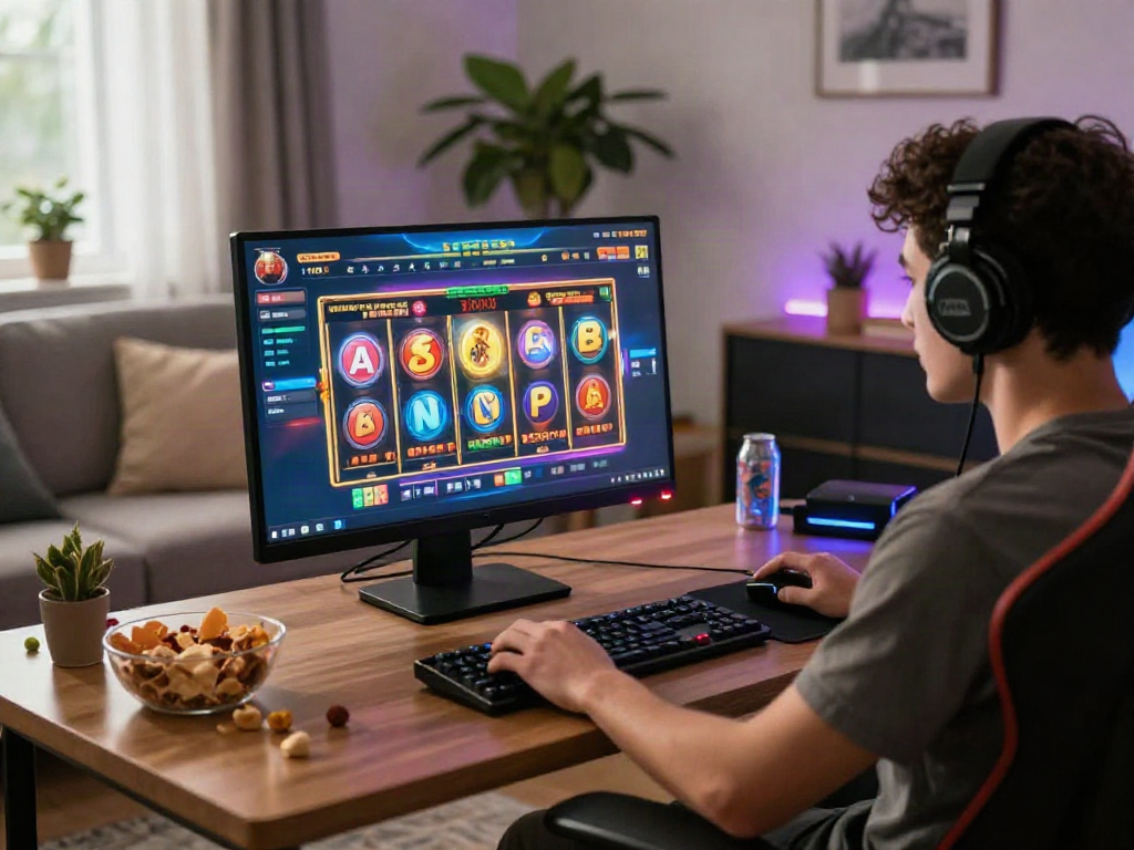 Experience the thrill of slot88 gaming with a vibrant online interface and cozy home setup.