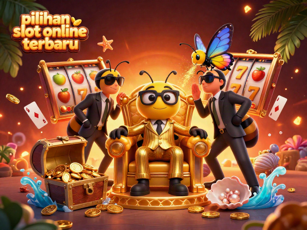 Menampilkan pilihan slot online terbaru dengan grafis 3D interaktif seperti simbol buah, jackpot, dan poin berkilau.