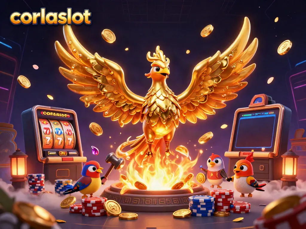 Play corlaslot with a dynamic scene of a golden phoenix and casino elements in 3D.