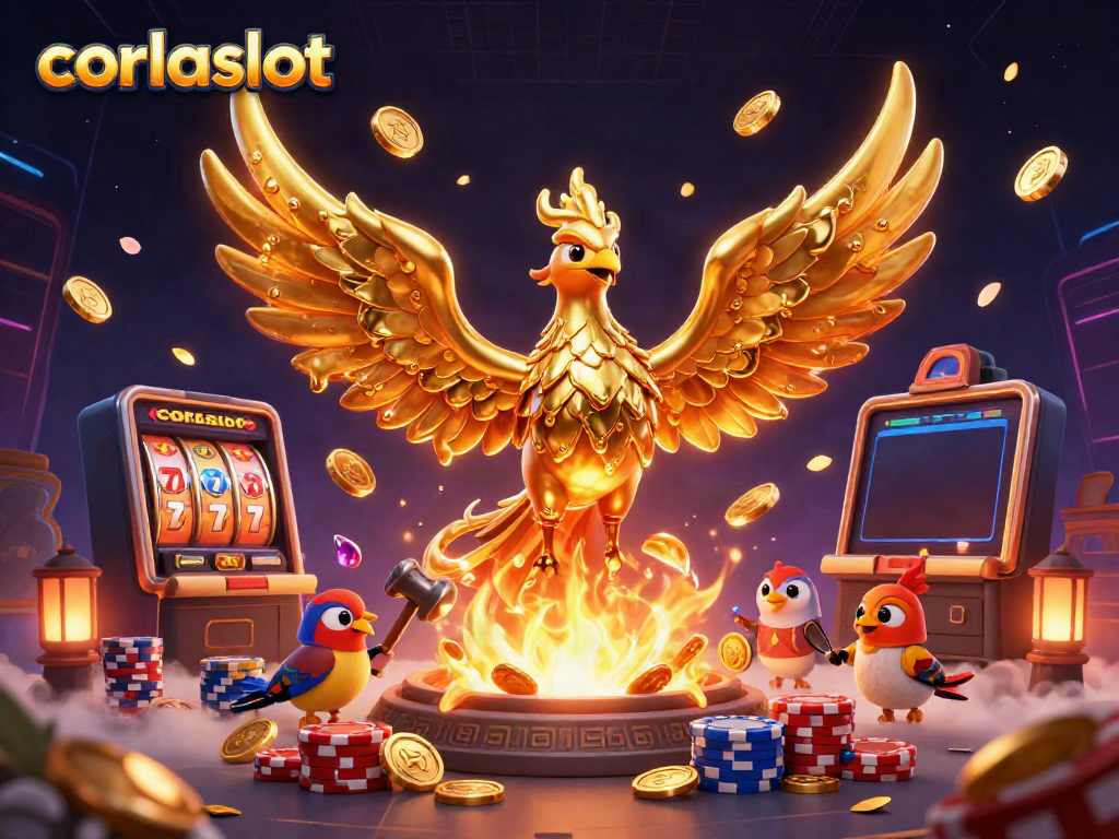 Play corlaslot with a dynamic scene of a golden phoenix and casino elements in 3D.