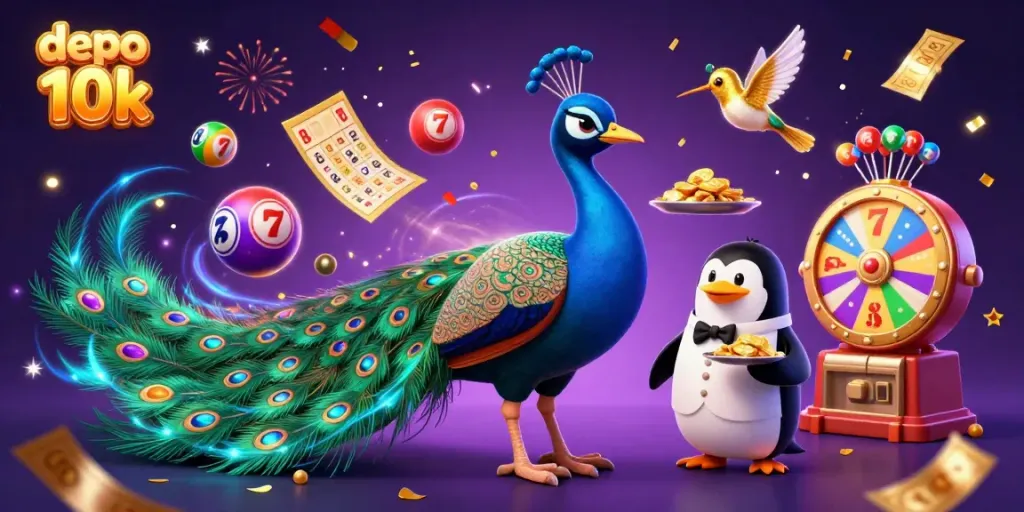 Visualisasi slot depo 10k dengan burung merak yang megah dan elemen kasino yang meriah.