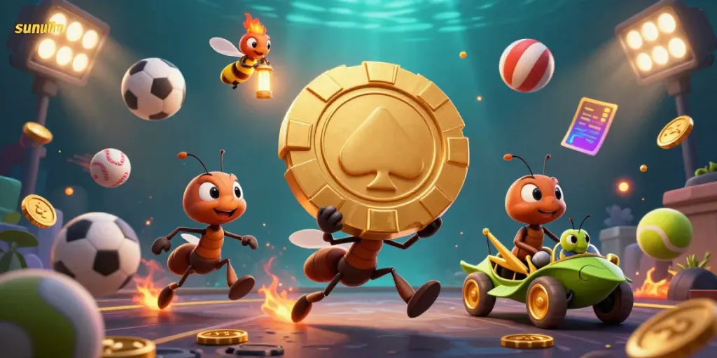 Join the sunwin heist with ants carrying a giant poker chip amidst dynamic sports elements.