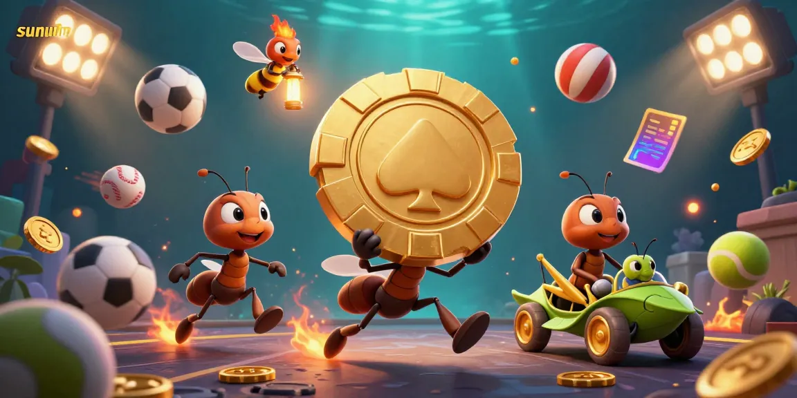 Join the sunwin heist with ants carrying a giant poker chip amidst dynamic sports elements.
