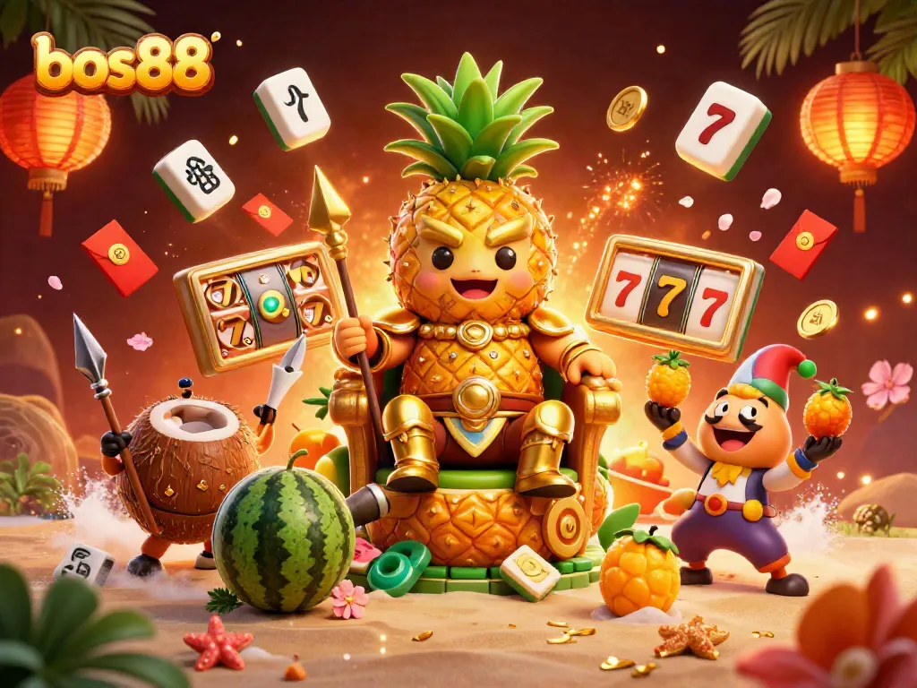 Experience the thrill of bos88 slots with the golden pineapple king and vibrant casino elements.