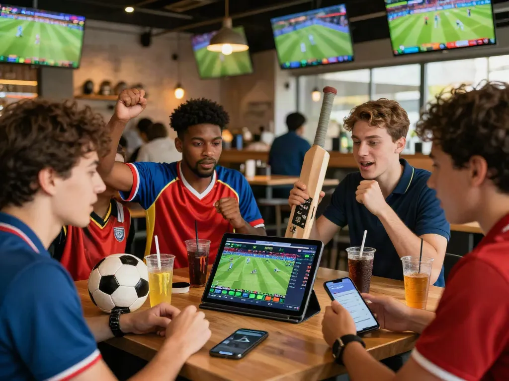 Exciting lotus365 sports betting scene with diverse bettors enjoying cricket, football, and tennis at a lively café.