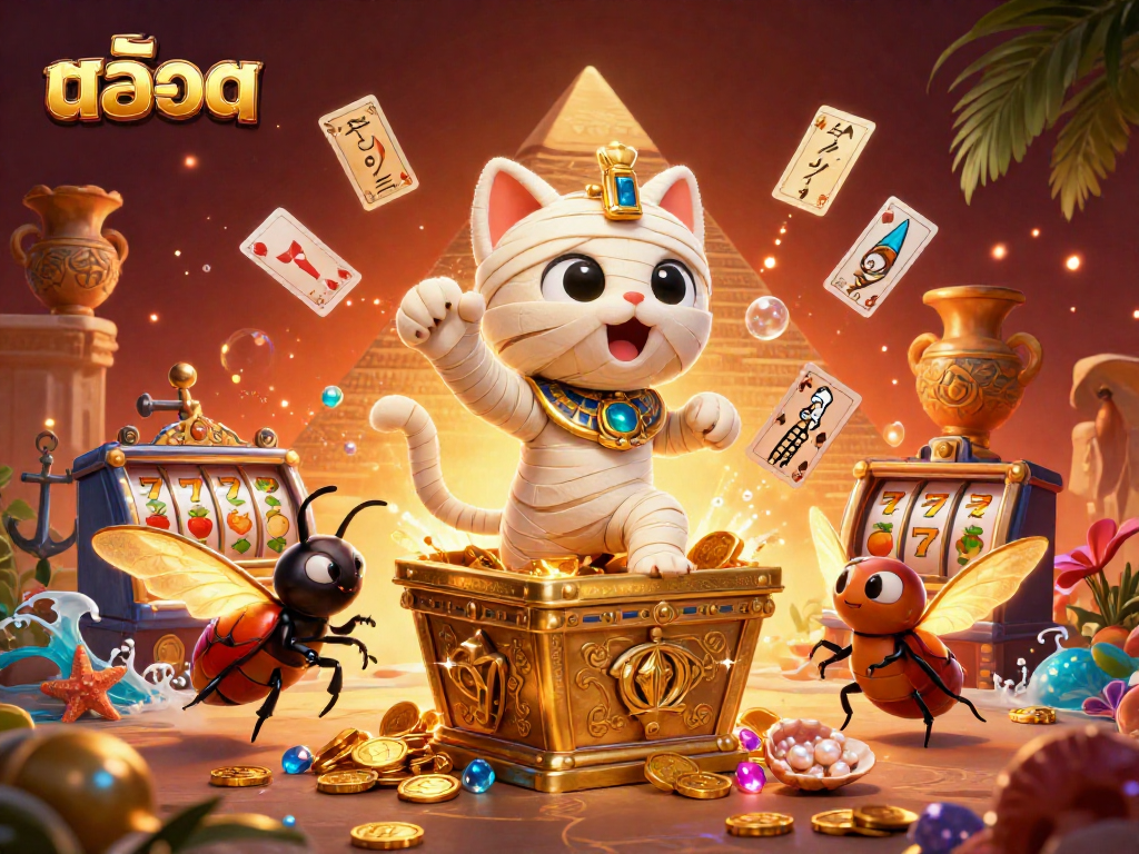 Engage with สล็อต as the Egyptian mummy cat bursts from a sarcophagus in this vibrant casino scene.