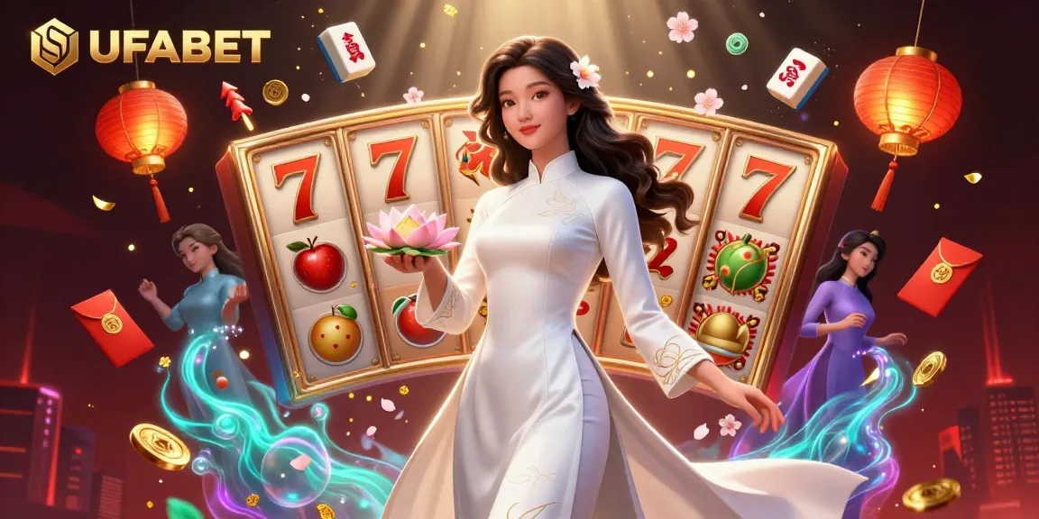 Experience the excitement of UFABET with this vibrant 3D illustration showcasing casino elements and traditional motifs.