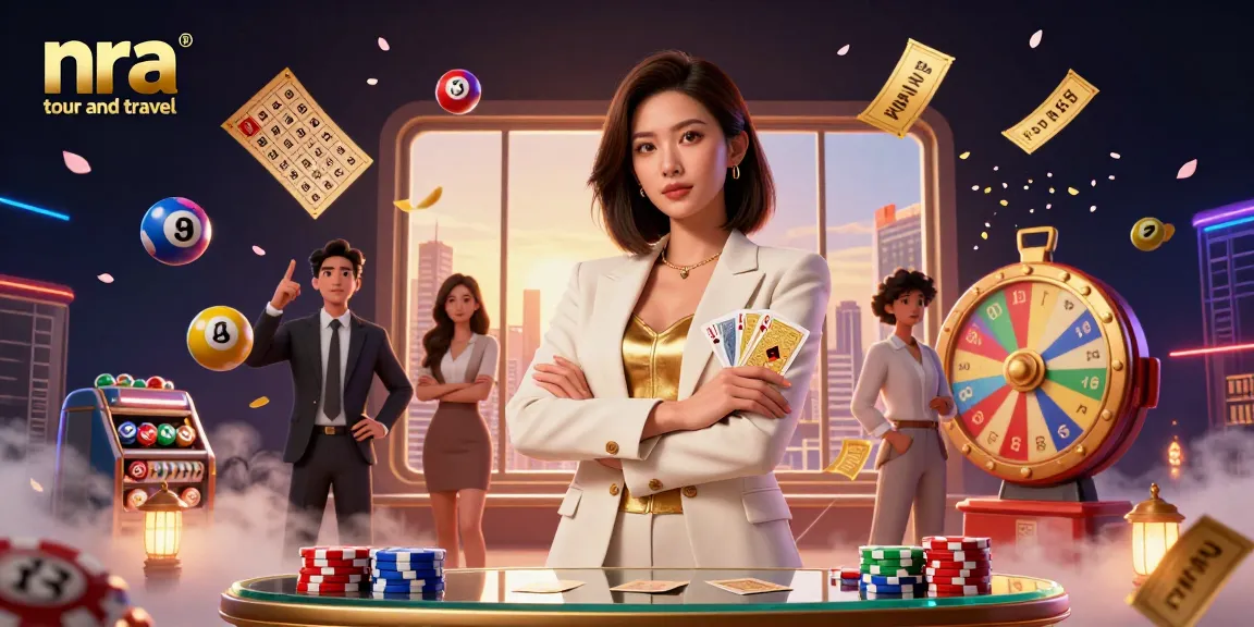 Win big with nra tour and travel as a glamorous Asian woman holds golden cards amidst lively casino elements.