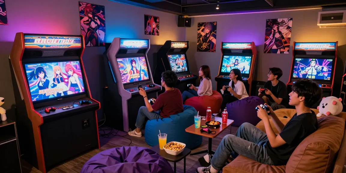 Friends enjoying popular hentai games together in a cozy arcade setting.