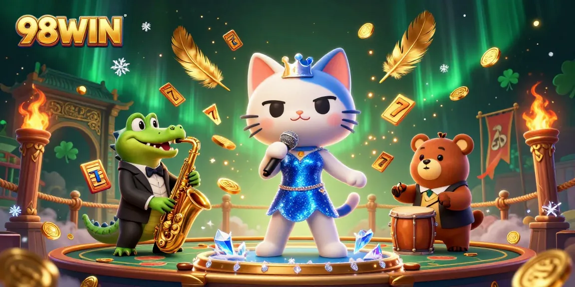 Experience big wins with 98WIN in a vibrant casino scene featuring jazz and colorful games.