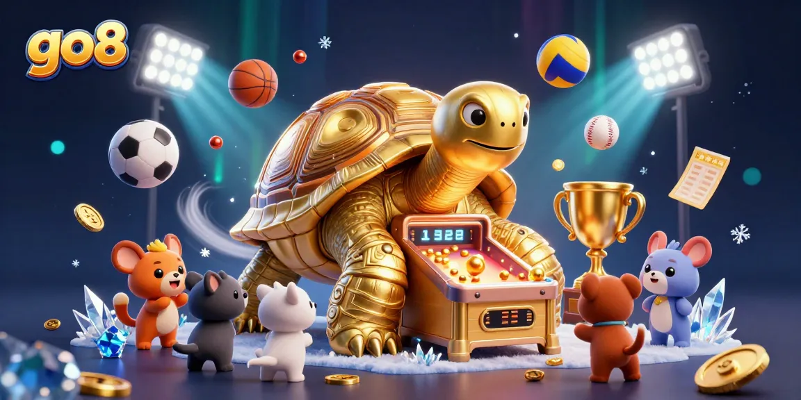 Experience thrilling gameplay at go8, featuring a vibrant 3D casino scene with golden tortoise and dynamic sports elements.
