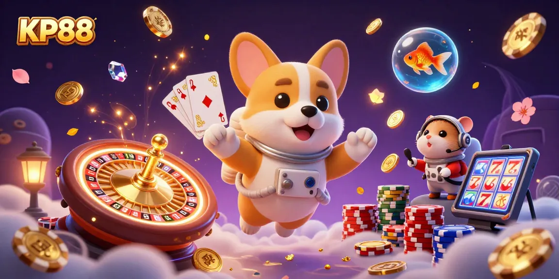 Experience KP88's thrilling space casino with animated astronaut, coins, and gaming fun.