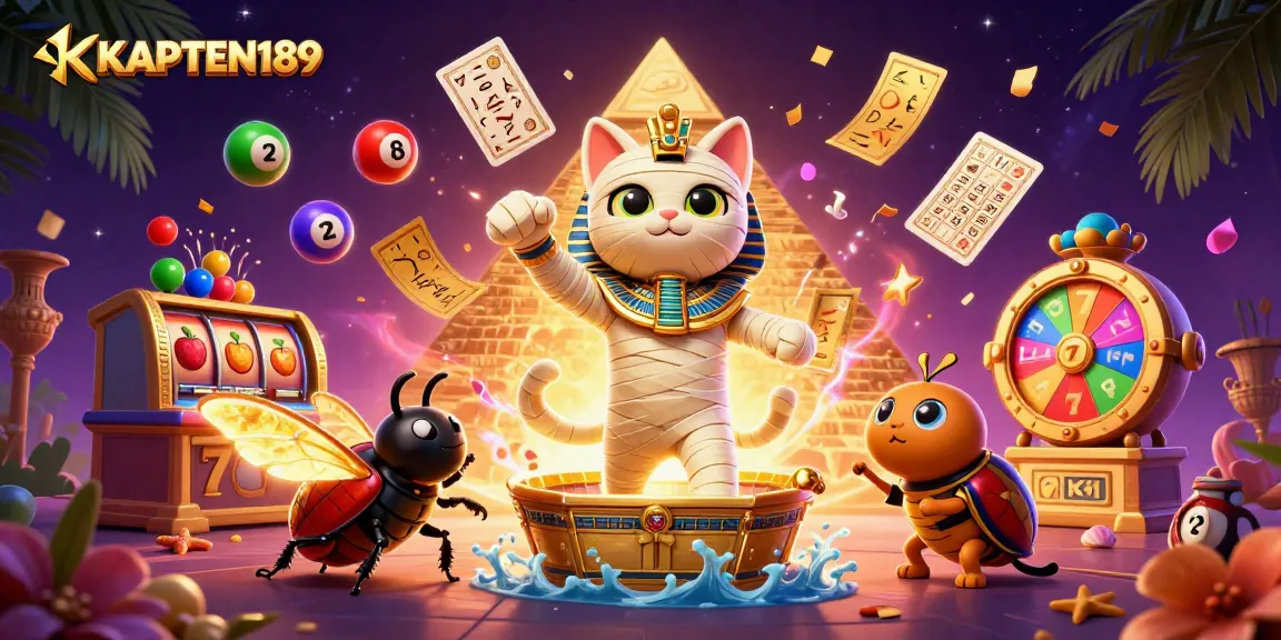KAPTEN189 menampilkan kucing mummy kartun 3D di kasino dengan simbol slot dan jackpot.