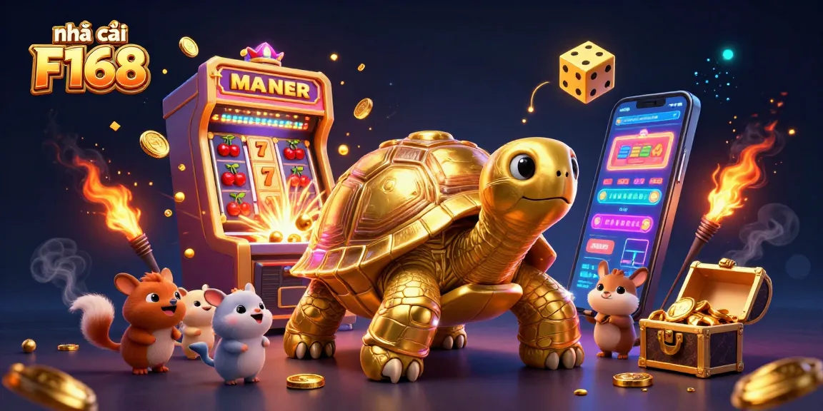 Play exciting games at nhà cái F168, featuring a colossal golden tortoise and dynamic slot machines.