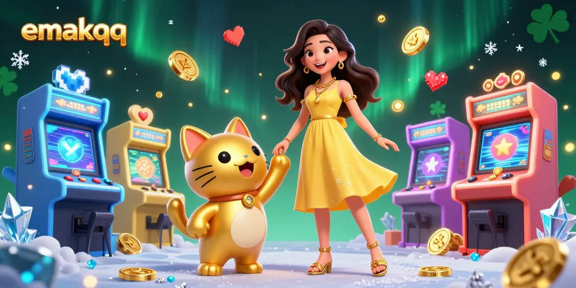 Win big with emakqq, an online gaming platform featuring vibrant characters and casino elements.