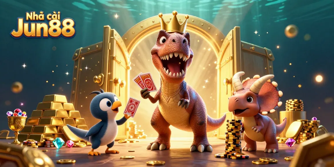 Engaging scene of Nhà cái Jun88 with cartoon dinosaurs winning at a casino, showcasing vibrant game elements.