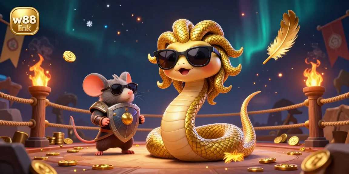 Engage with the thrilling w88 link scene featuring Medusa and a warrior mouse in an action-packed arena with vibrant elements.
