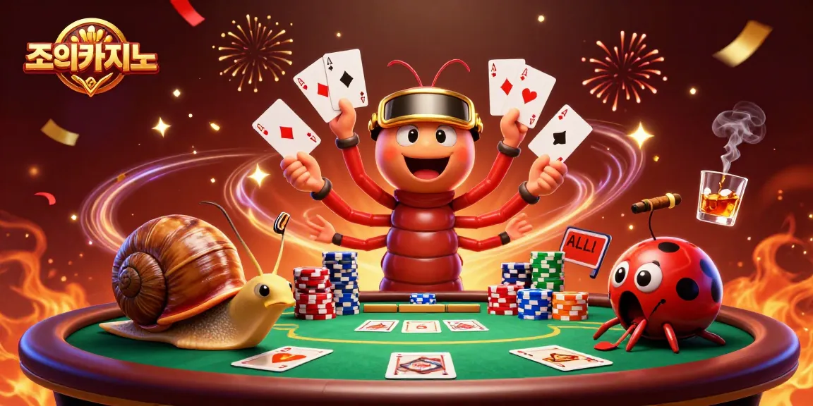 Join the game at 조이카지노 with a lively dealer and high-rolling snail amidst exciting poker action.