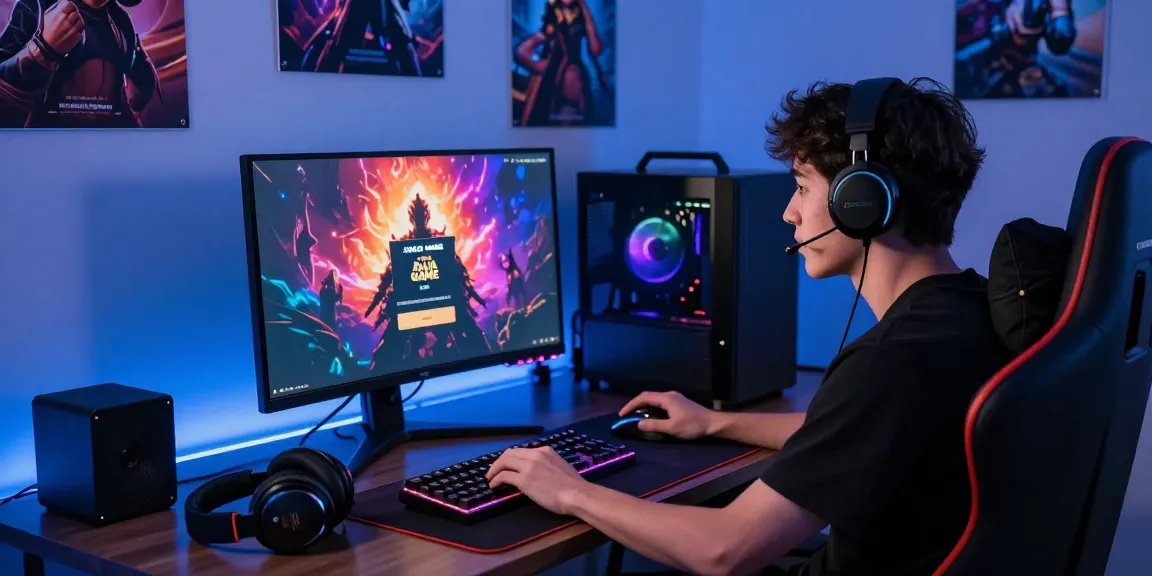 Raja Game login screen on a vibrant gaming monitor in an energetic gaming setup.