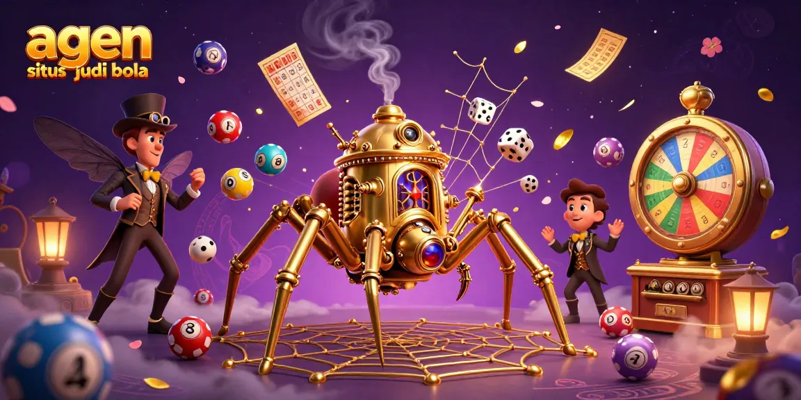 Engage with agen situs judi bola in this dynamic gambling scene featuring a steampunk spider and lottery elements.