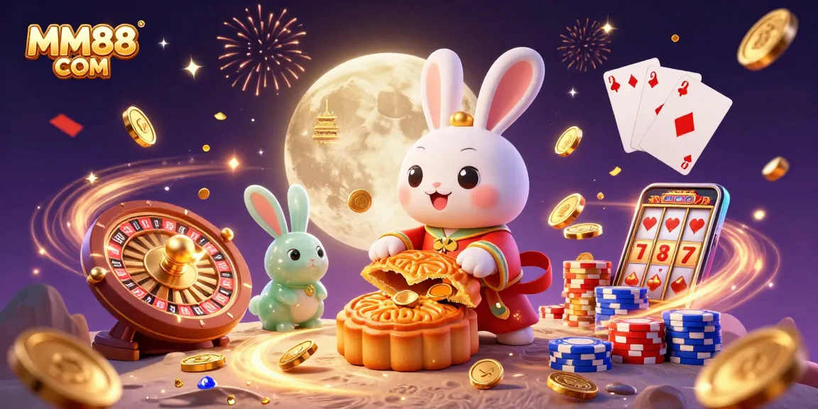 Win big with MM88 COM, featuring a moon rabbit and vibrant casino elements.