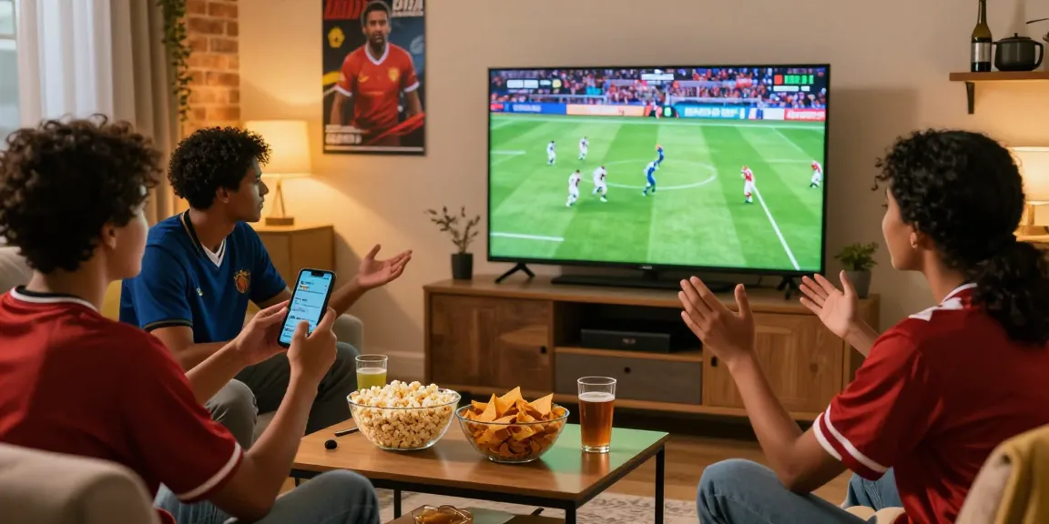 Friends enjoying a live football match while checking ihdsports on a smartphone in a cozy living room.