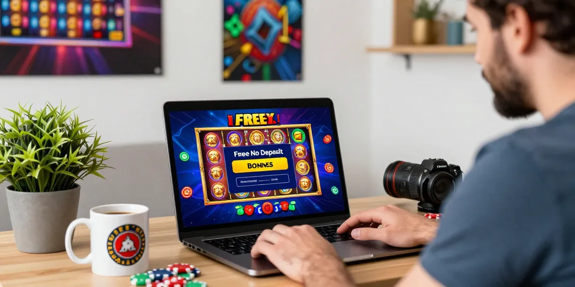 A player claiming a Free No Deposit Bonus in an inviting online casino setup, emphasizing excitement and engagement.