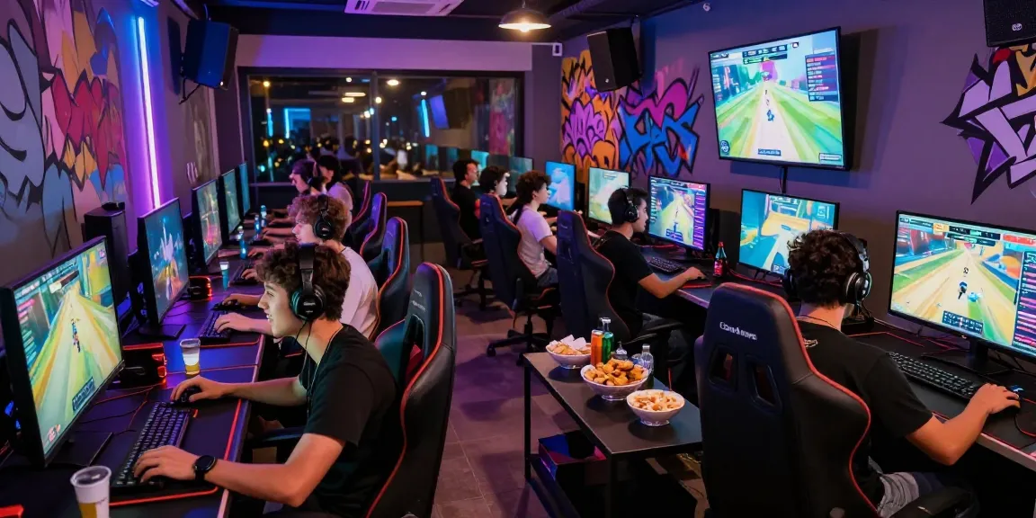 Group of friends gaming at a hitclub venue with vibrant lights and screens.